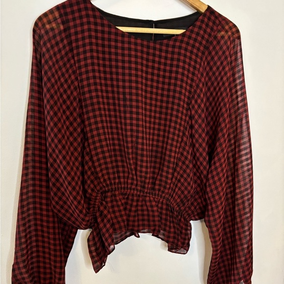 Olivaceous Red and Black Gingham Balloon Sleeve Blouse - Picture 1 of 5